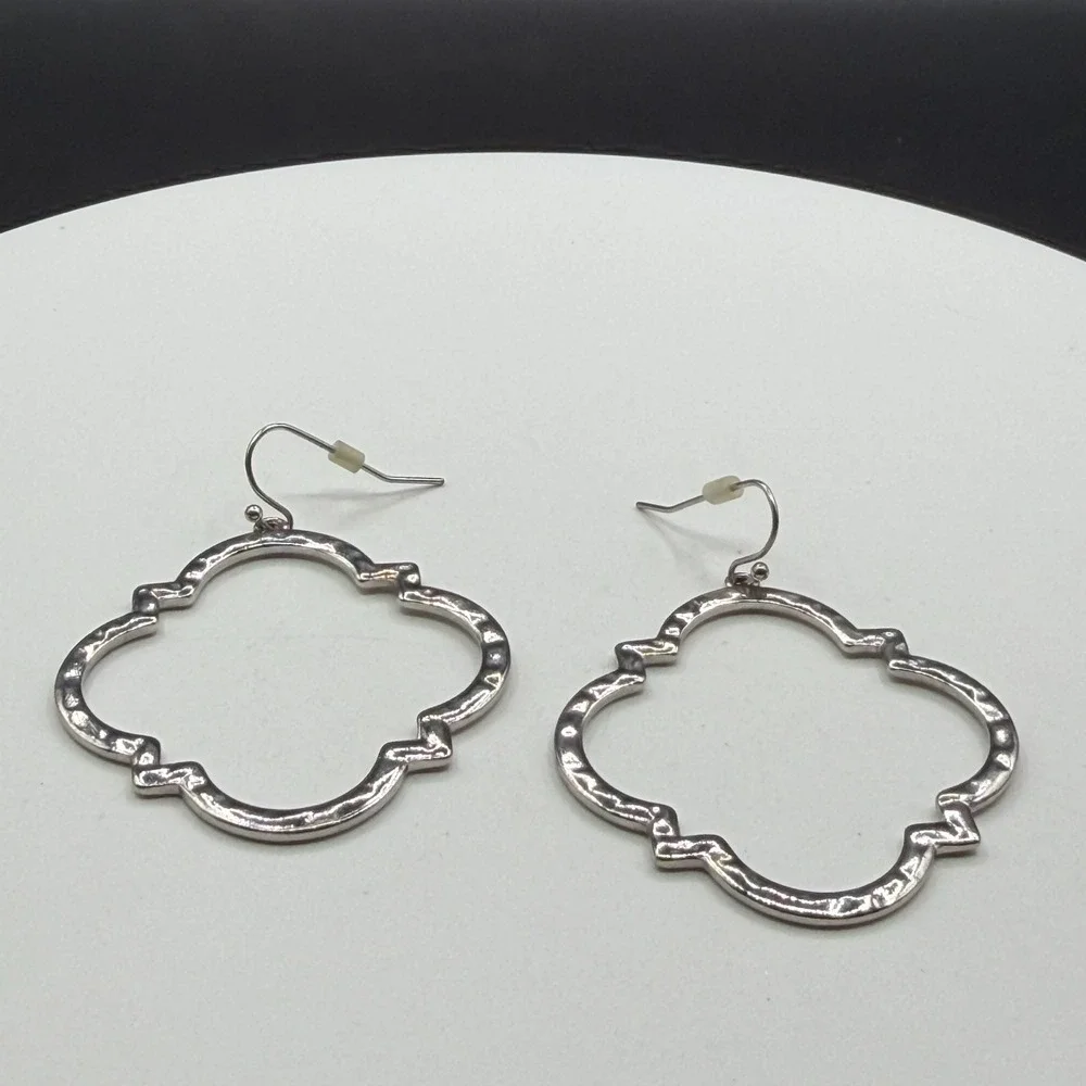 Silver Tone Hammered Quatrefoil Dangle Earrings Large Boho Statement Jewelry